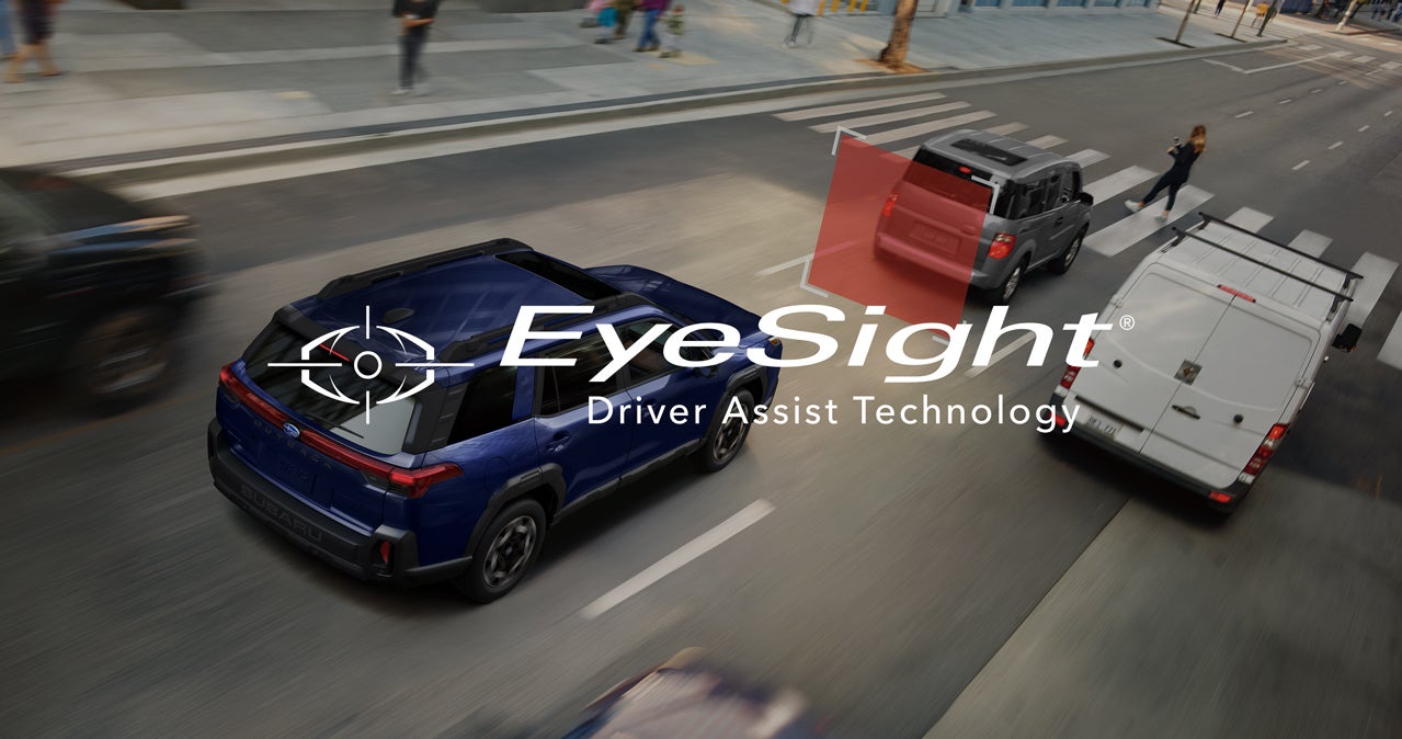 2026 Outback driving on road with red graphic overlay demonstrating EyeSight technology